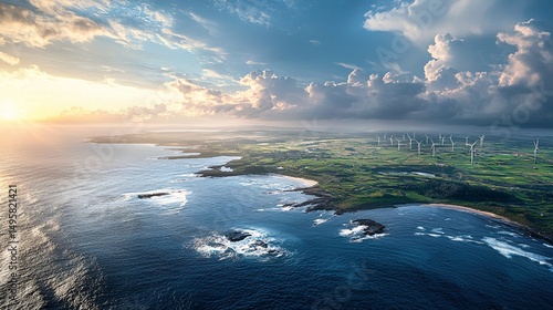 Aerial view of coastal landscape with wind turbines near seashore.