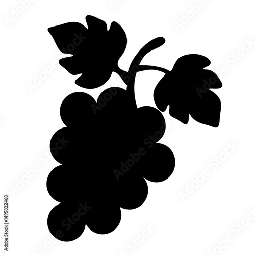 A simple black silhouette of a bunch of grapes with leaves