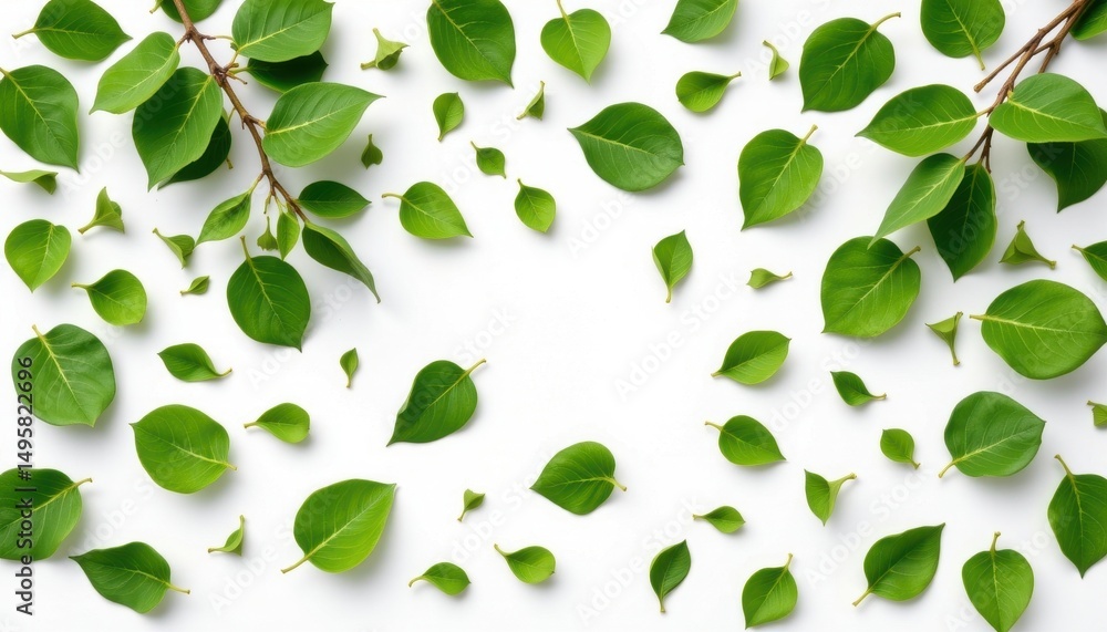 Obraz premium minimalist digital illustration of green leaves scattered randomly on a white background