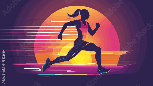 Female runner in motion sprinting with determination against a colorful sunset backdrop