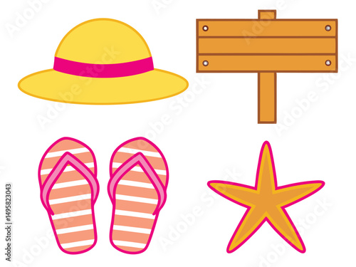 Summer Vacation Essentials Flat Icons Hat Flip Flops Starfish Wooden Sign