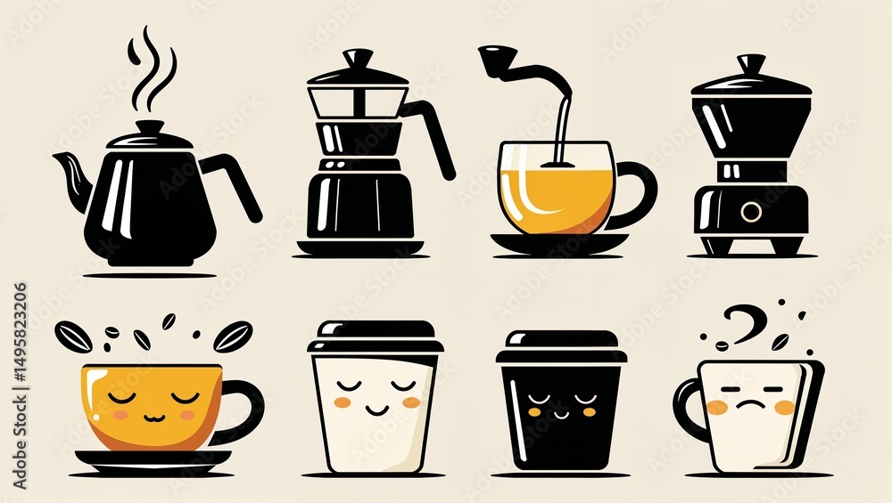 Playful Coffee Icon Set – Flat Vector Barista Tools and Characters Playful Coffee Icon Set – Flat Vector Barista Tools and Characters