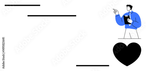 Person holding a clipboard pointing at steps, symbolizing guidance and progress, beside a heart for passion and care. Ideal for mentorship, leadership, coaching, motivation, career planning, personal