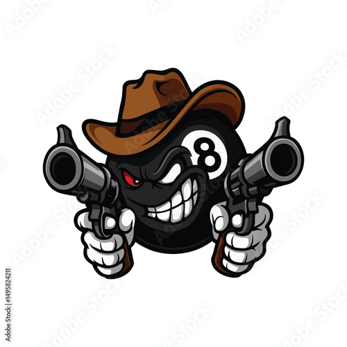 A cartoonish black eight ball character wearing a brown cowboy hat grins mischievously while holding a revolver in each hand vector on an isolated background