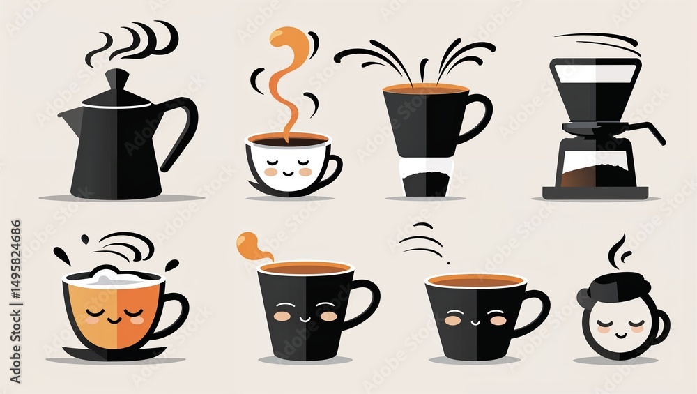 Flat Vector Coffee Icons with Playful Yellow Design Flat Vector Coffee Icons with Playful Yellow Design