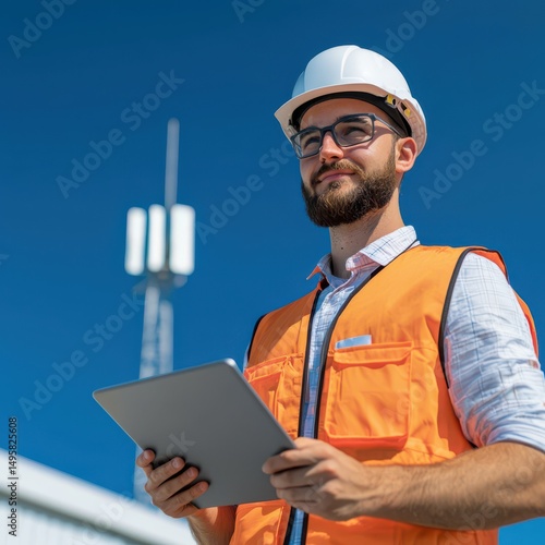Wallpaper Mural A construction engineer in a hard hat and safety vest uses a tablet outdoors near a telecommunications tower. Torontodigital.ca
