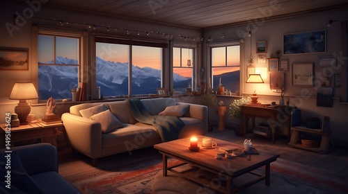 Wallpaper Mural Cozy Living Room Interior With Mountain View At Sunset High Resolution Photo Torontodigital.ca