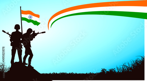 Indian Army Day. Kargil Vijay Diwas. illustration background with silhouette of a soldiers and flag of India - Indian Republic Day - with free Copy space area as background text template 12