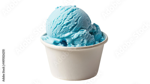 A close-up of a blue ice cream scoop in a white cup against a plain background