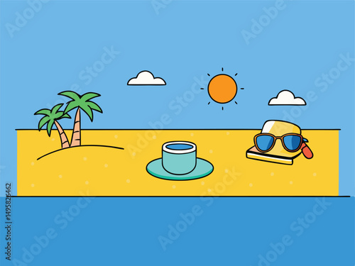 Summer Vacation Scene with Coffee Cup Sunglasses and Hat on Sandy Beach
