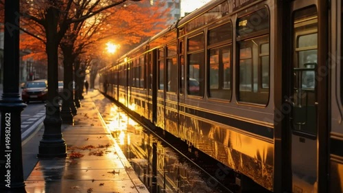 As golden sunlight filters through vibrant autumn leaves, a peaceful walkway runs alongside reflecting tram tracks, inviting leisurely exploration and warmth in the crisp air