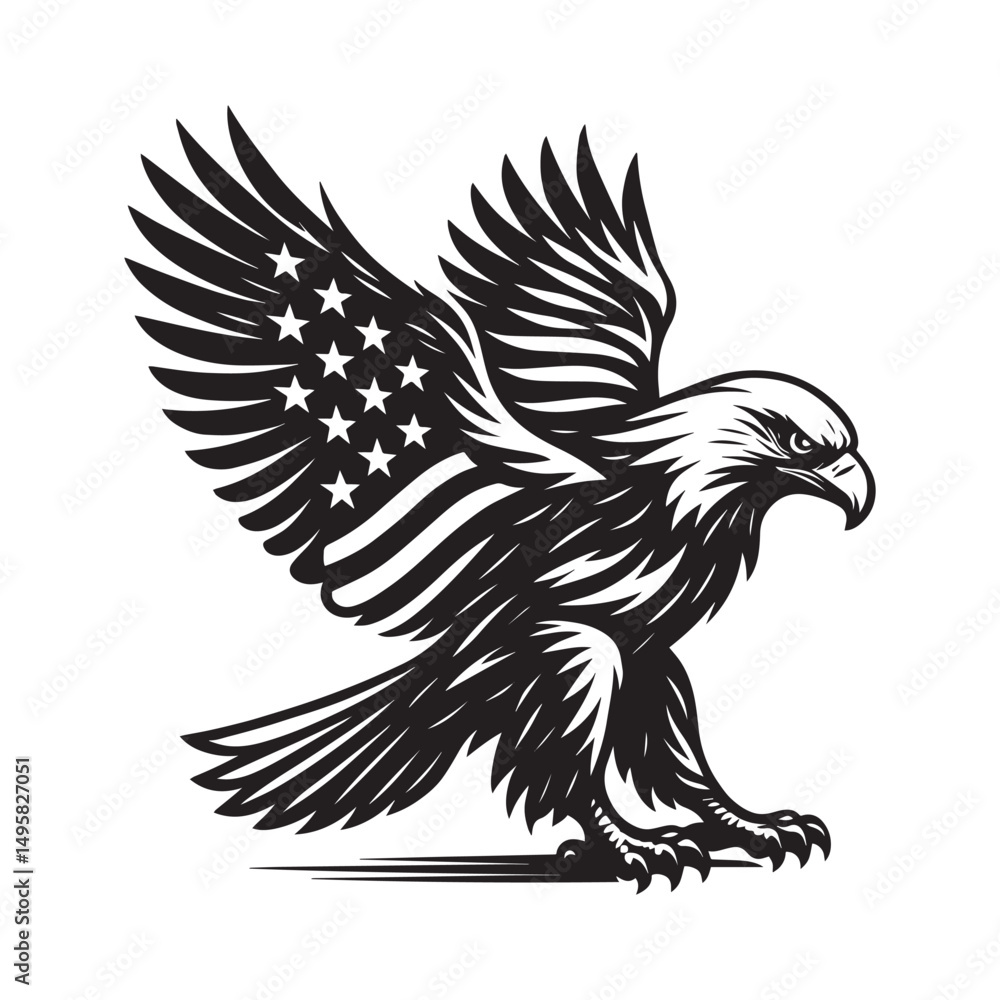 A striking black and white illustration of a Patriotic Eagle Glory majestic eagle, its wings spread wide vector on an isolated background A striking black and white illustration of a Patriotic Eagle Glory majestic eagle, its wings spread wide vector on an isolated background