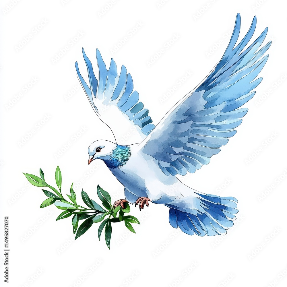 Obraz premium White Dove in Flight with Olive Branch Watercolor Painting