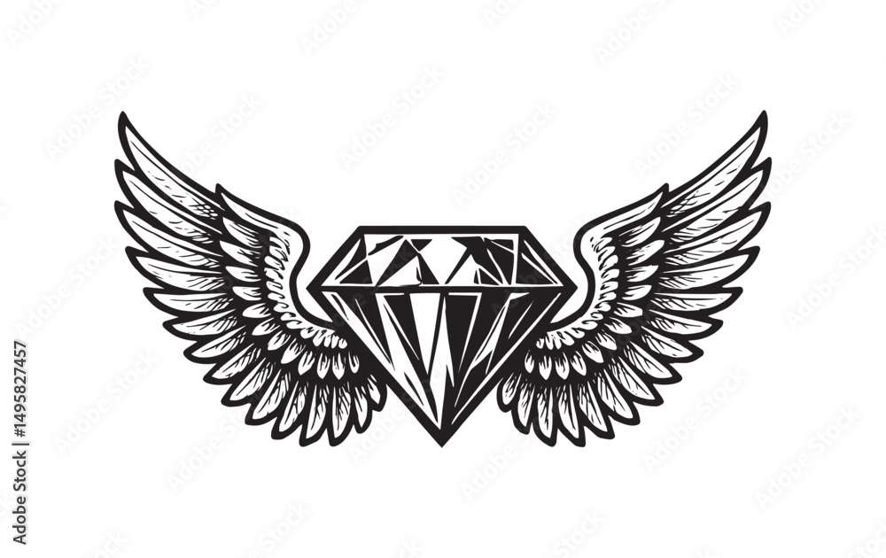 Obraz premium A stylized black-and-white illustration featuring a Monochrome winged diamond, vector on an isolated background