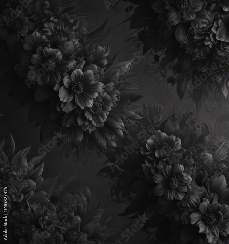 Abstract charcoal floral wallpaper; dark, smoky blooms, repeating pattern, elegant,  black,  dark,  design