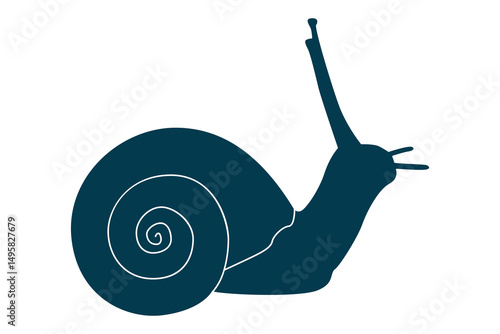 Silhouette of a dark blue snail with a spiral shell and antennae on a white background