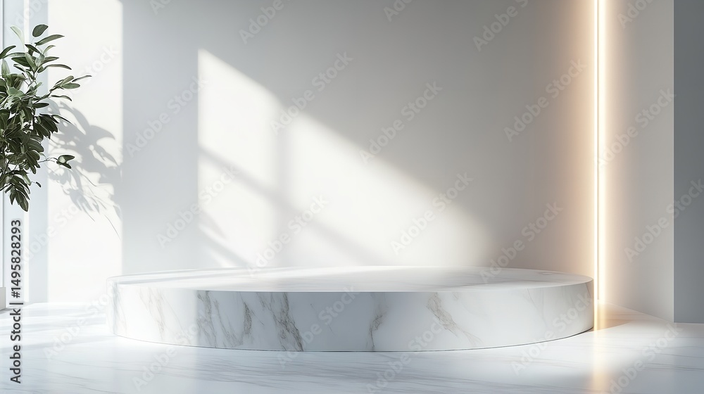 Minimalist interior design featuring a white bench and blank canvas in a bright modern space with natural elements Minimalist interior design featuring a white bench and blank canvas in a bright modern space with natural elements