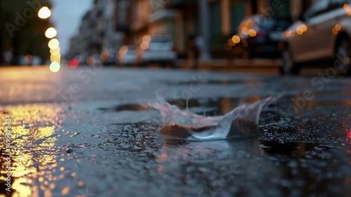 Urban Rain: Capturing Serene Evening Street Reflections in Vibrant Wet Weather