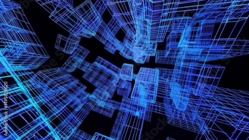 Futuristic 3D Cityscape: Neon Wireframe Architecture and Digital Urban Design Visualization