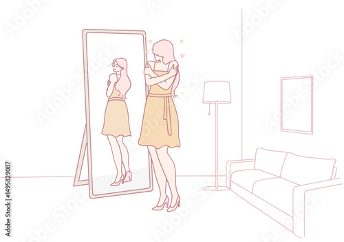 A woman admires her reflection in a beautifully designed mirror, embodying selflove and confidence
