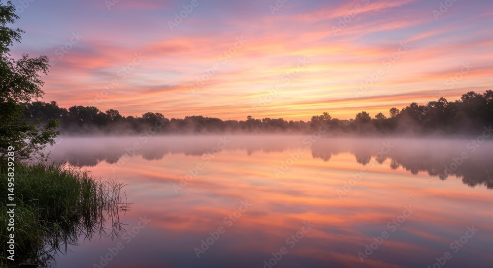 Fototapeta premium Sunrise over misty lake