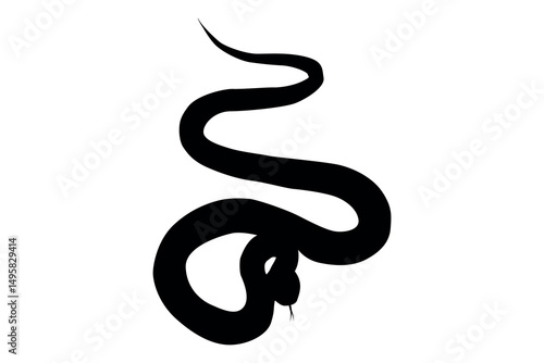 Stylized black silhouette of a coiled snake with its head raised and tongue flicking isolated on white