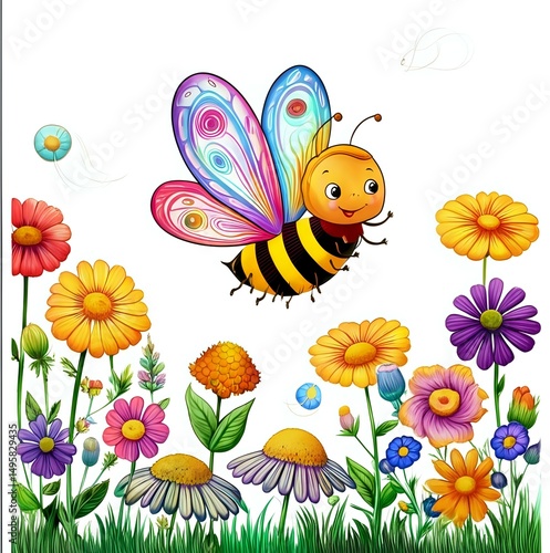 Cheerful Bee in a Vibrant Flower Garden