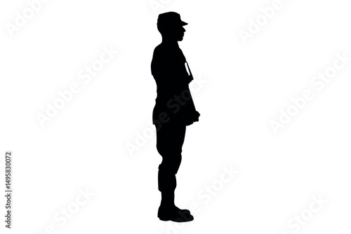 Silhouette of a soldier in uniform standing at attention holding a rifle against a white background
