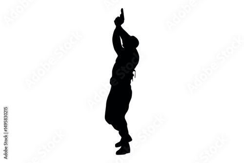 Silhouette of a man in tactical gear aiming a handgun upwards in a dramatic pose