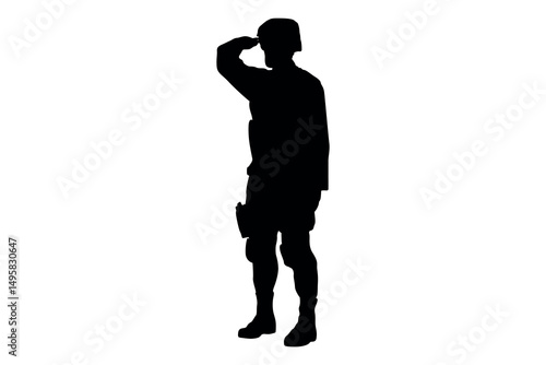 Silhouette of a soldier in uniform saluting with a pistol holstered on his leg against a white background