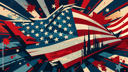 An abstract American flag bursting with patriotic energy with bold radial lines and a silhouetted