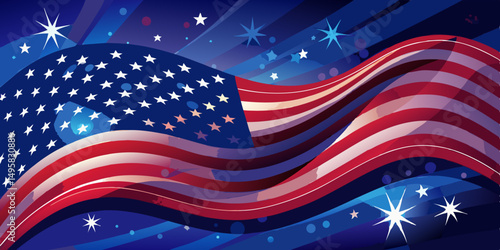 Waving American Flag evokes patriotism and unity on Independence Day with star bursts and dynamic