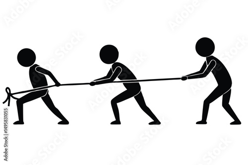 Silhouette of a group of people pulling a rope, vector illustration.