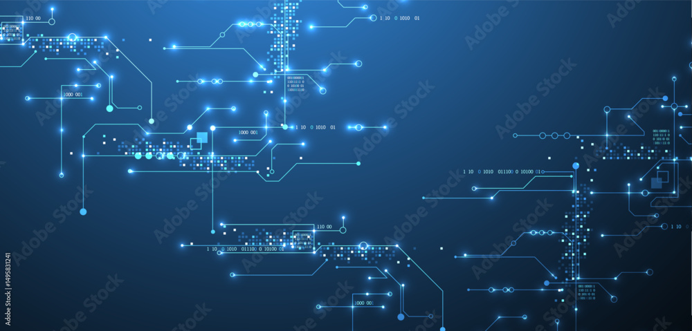 Digital circuit visualization vector background. Blue board pattern with interconnected lines, nodes, and binary code. Digital circuit visualization vector background. Blue board pattern with interconnected lines, nodes, and binary code.