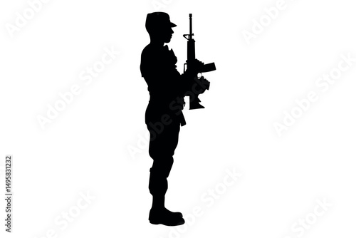 Silhouette of a soldier in uniform standing at attention holding a rifle against a white background