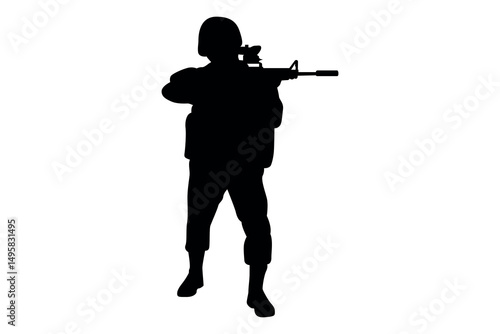 Silhouette of a soldier in full gear aiming a rifle with a scope on a white background