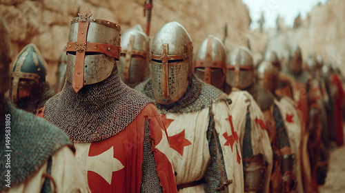 Medieval Knights in Armor Marching Through a Narrow Stone Pathway During a Historical Reenactment