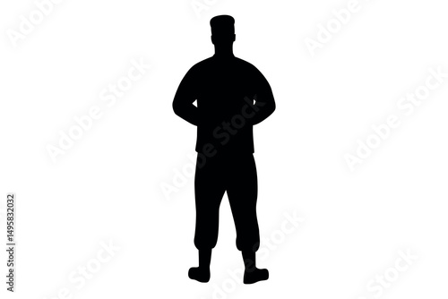 Silhouette of a soldier standing at attention with hands clasped behind back against a white background