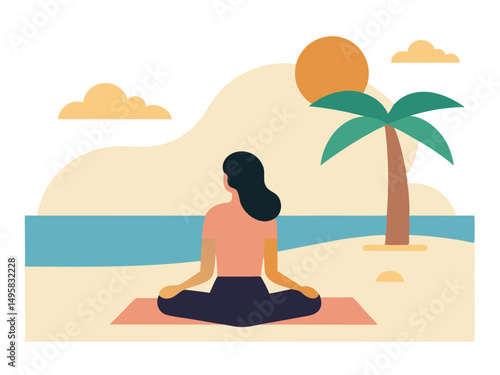 Woman Meditating on Beach Peaceful Tropical Yoga Serenity Sunset