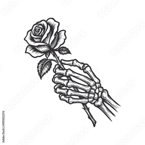 The silhouette of  Skeleton hand holding rose flower vector illustration on an isolated background