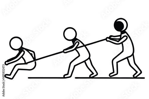 Silhouette of a group of people pulling a rope, vector illustration.