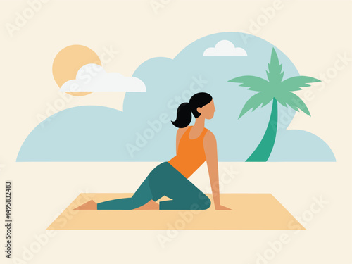 Woman practicing yoga on beach mat near palm tree under sunny sky