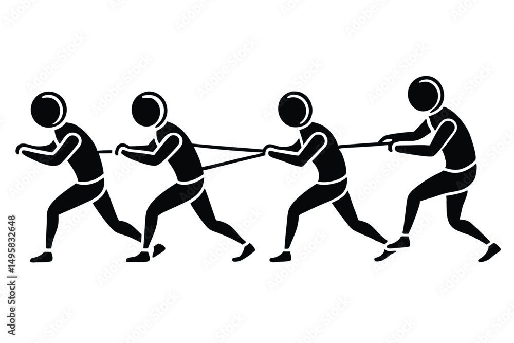 Fototapeta premium Silhouette of a group of people pulling a rope, vector illustration.