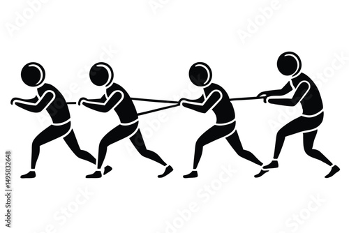 Silhouette of a group of people pulling a rope, vector illustration.