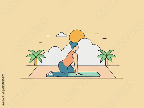 Woman Doing Child Pose Yoga on Mat Outdoor Tropical Setting