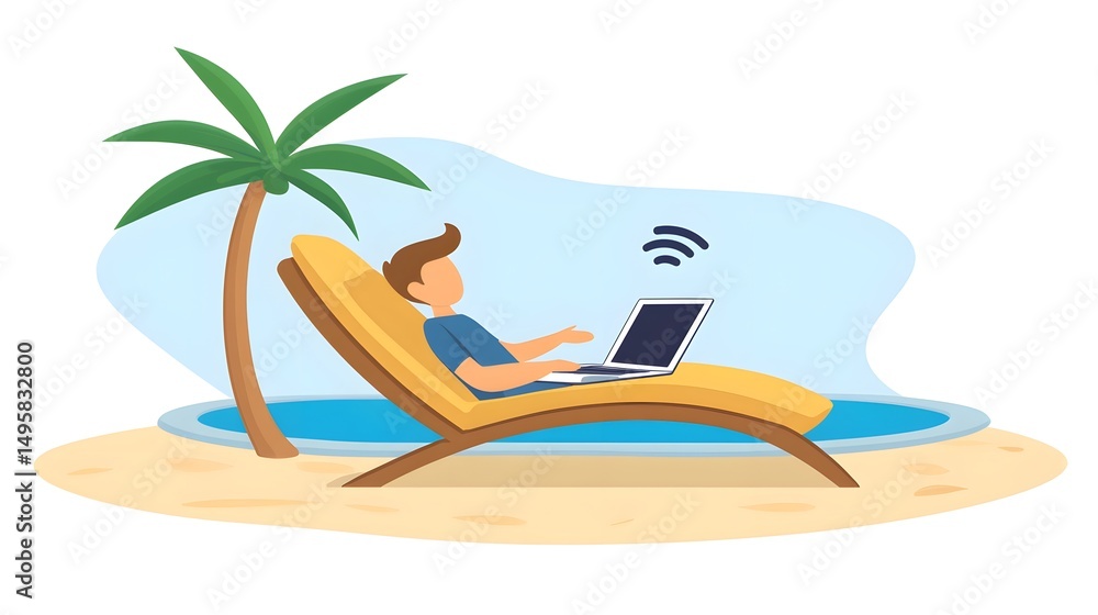 Fototapeta premium Embrace the freedom of remote work and relaxation. A professional takes work on the tropical beach under the tree. with the sea as the background.