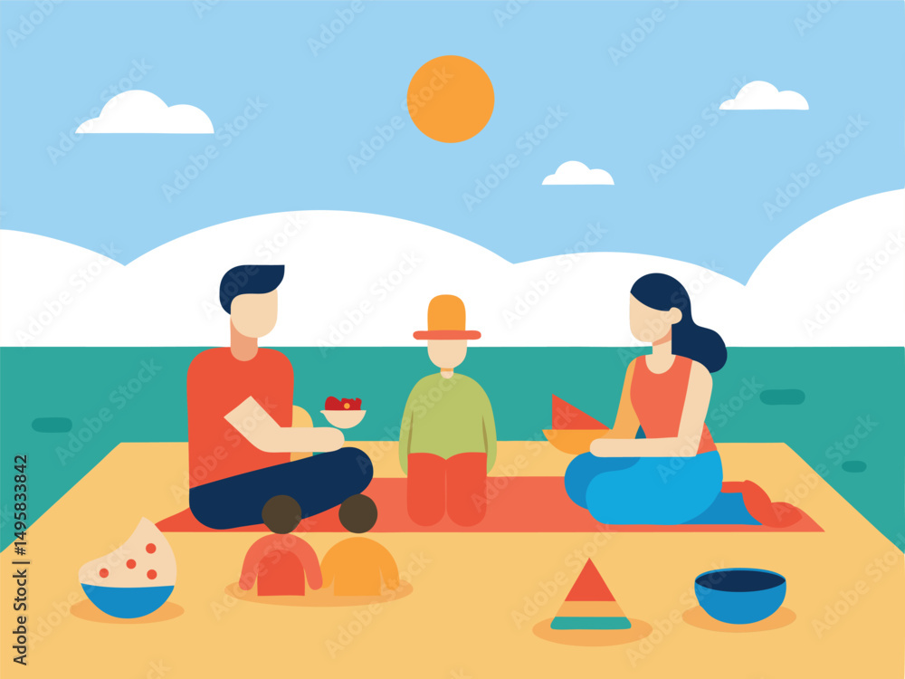 Obraz premium Happy Family Enjoying a Beach Picnic with Their Children