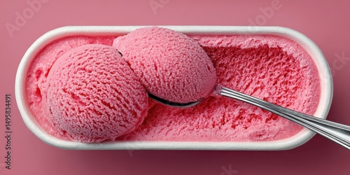 Delicious pink ice cream served in a classic container with a metal spoon ready to scoop