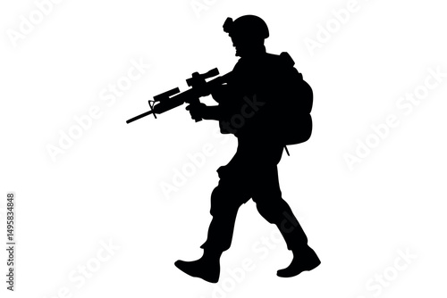 Silhouette of a soldier in full gear walking with a rifle and backpack on a white background
