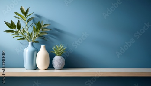 elegant minimalist decor featuring two vases with plants on a sleek shelf against a blue wall